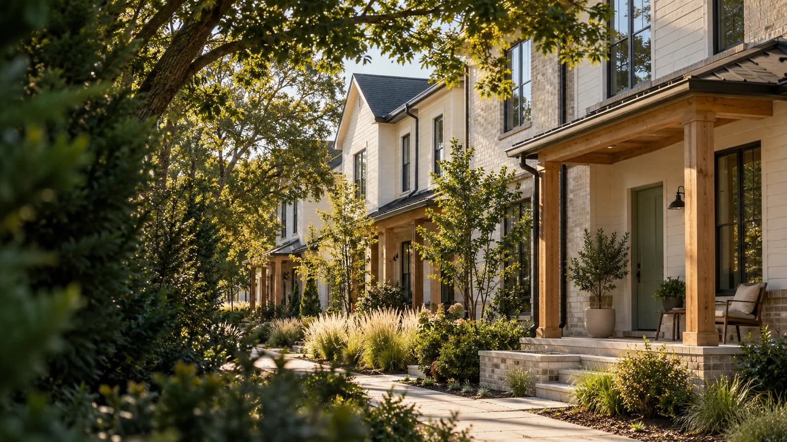 Townhomes along a landscaped walkway in warm afternoon light